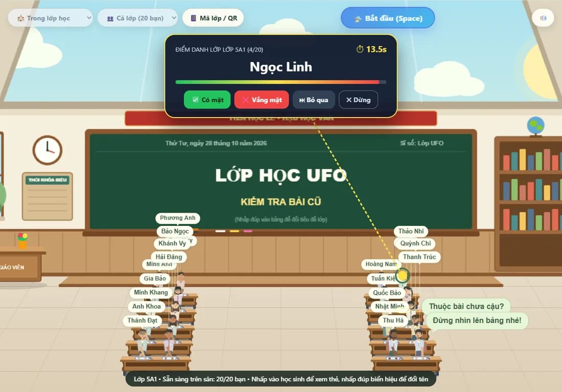 Màn hình điểm danh UFO Bắt Trả Bài: khung tên học sinh Ngọc Linh, đồng hồ đếm 13,5 giây, các nút Có mặt, Vắng mặt, Bỏ qua