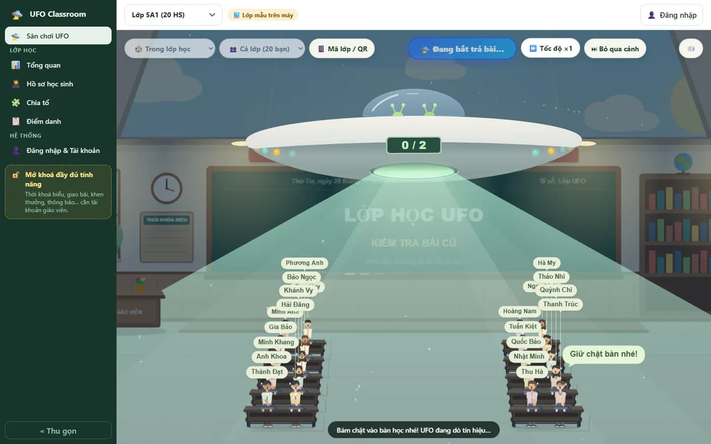 UFO Bắt Trả Bài: đĩa bay UFO chiếu tia sáng xuống lớp học để chọn bạn lên trả bài