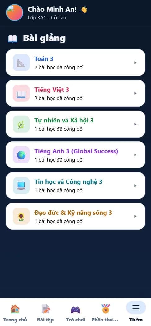 Danh sách bài giảng theo môn học: Toán 3, Tiếng Việt 3, Tự nhiên và Xã hội 3, Tiếng Anh 3
