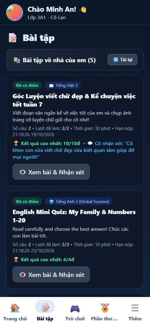 Danh sách bài tập về nhà có điểm cao nhất, lời nhận xét của cô và nút Xem bài và Nhận xét