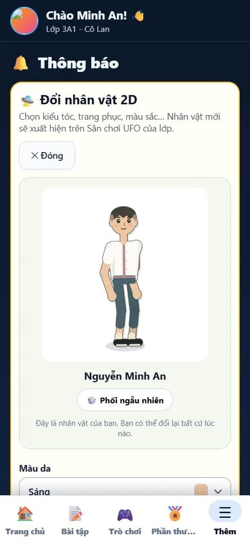 Màn hình Đổi nhân vật 2D: nhân vật học sinh, nút Phối ngẫu nhiên và lựa chọn màu da
