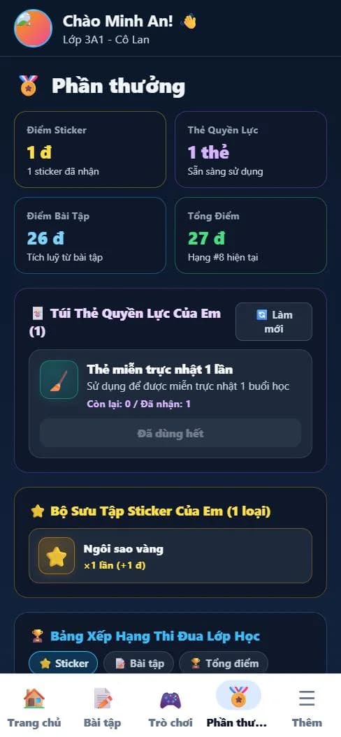 Trang Phần thưởng: điểm sticker, thẻ quyền lực, điểm bài tập, tổng điểm và túi thẻ quyền lực