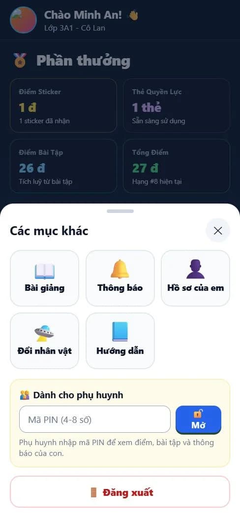 Menu Các mục khác của học sinh với ô Dành cho phụ huynh để nhập mã PIN mở Chế độ phụ huynh