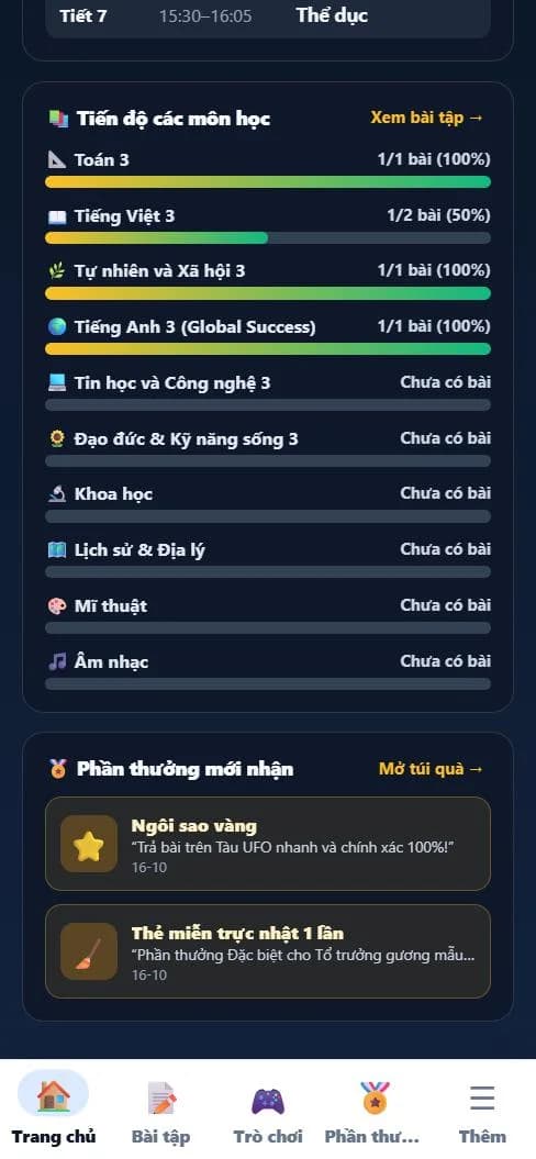 Tiến độ các môn học theo phần trăm bài đã làm và danh sách phần thưởng mới nhận