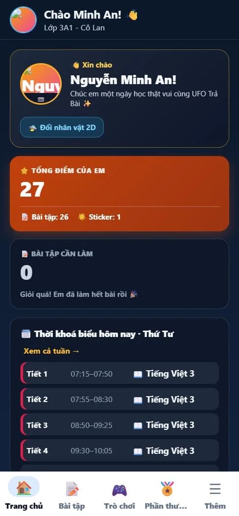 Trang chủ học sinh: lời chào, tổng điểm 27, bài tập cần làm 0 và thời khoá biểu hôm nay