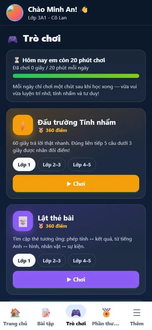 Khu trò chơi: đồng hồ còn 20 phút chơi hôm nay, trò Đấu trường Tính nhẩm và Lật thẻ bài