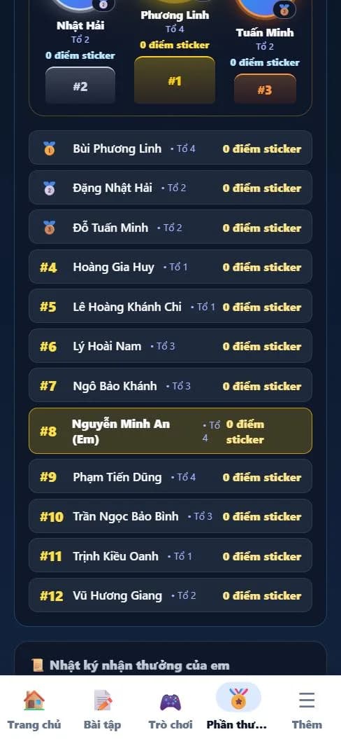 Bảng xếp hạng thi đua lớp học với bục top 3 và dòng của học sinh đang đăng nhập được tô sáng