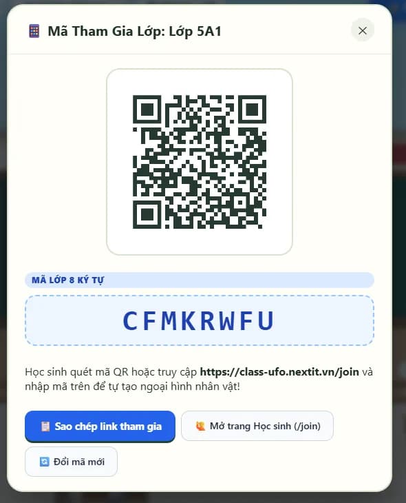 Hộp thoại Mã tham gia lớp 5A1: mã QR, mã lớp 8 ký tự và nút sao chép link tham gia